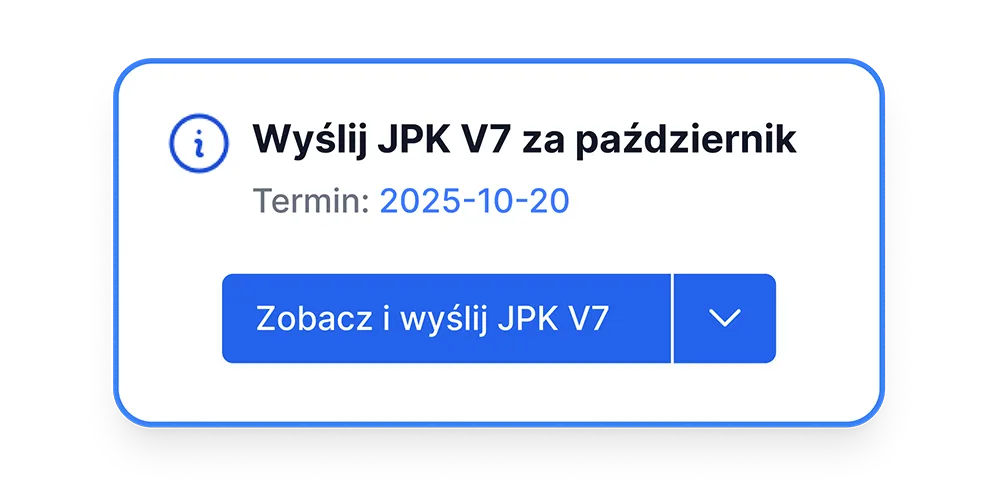Kafelek Wyślij JPK V7 za październik z terminem 2025-10-20 i przyciskiem Zobacz i wyślij JPK V7