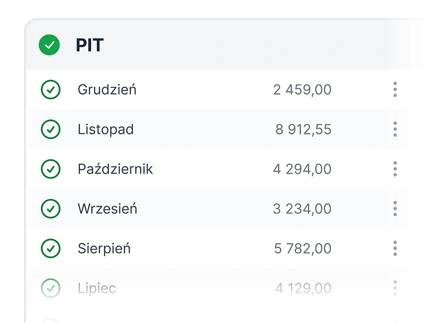 Lista miesięcznych zaliczek PIT w aplikacji Fakturownia z zaznaczonymi rozliczeniami