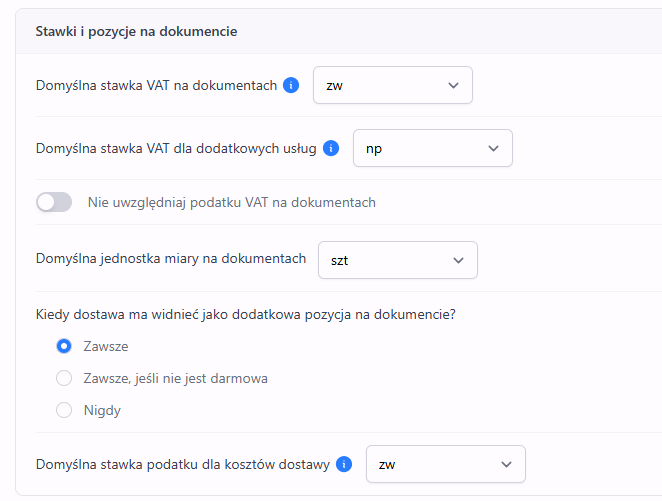 Sekcja stawki i pozycje pozwalająca określić dodatkowe ustawienia stawek podatku dla produktów, usług i dostawy.
