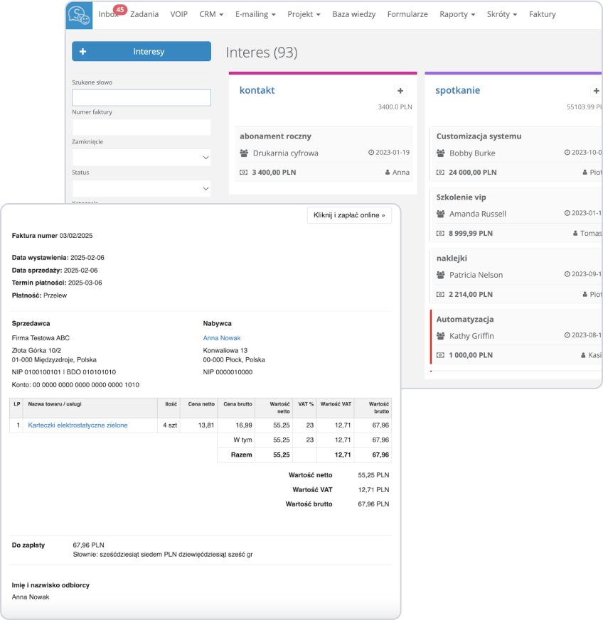Panel CRM Sugester z listą interesów i podglądem faktury Fakturowni z przyciskiem Kliknij i zapłać online