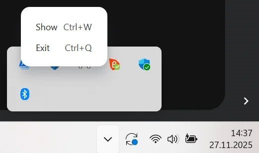 Menu kontekstowe w zasobniku Windows z opcjami Show Ctrl+W i Exit Ctrl+Q