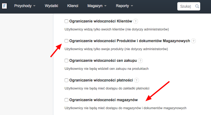 Ustawienia uprawnień użytkowników w Fakturowni z ograniczeniem widoczności magazynów