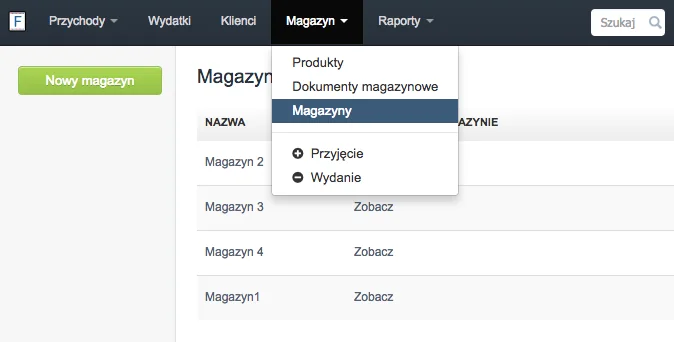 Lista magazynów w Fakturowni z przyciskiem dodawania nowego magazynu