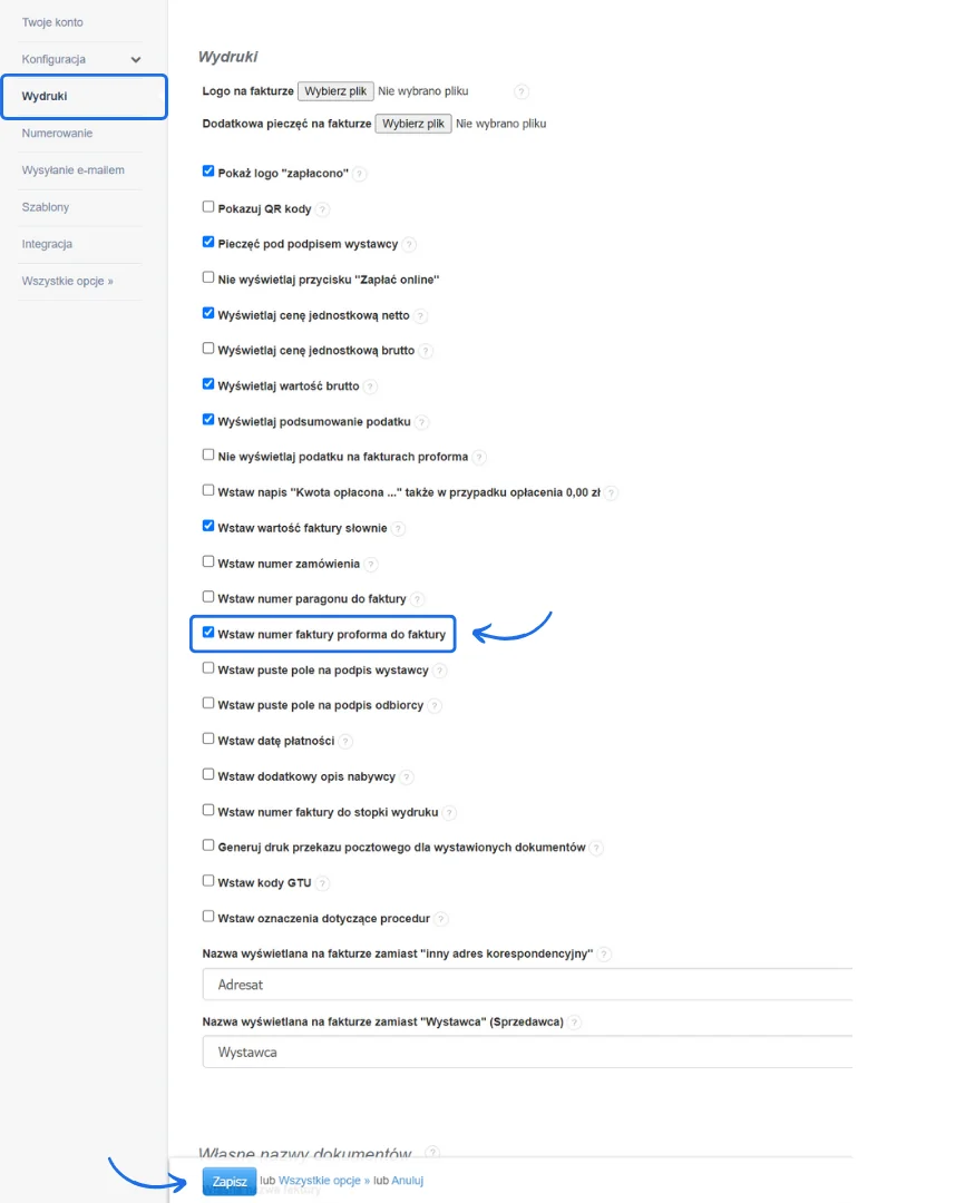 Ustawienia wydruku faktury z listą checkboxów i zaznaczoną opcją Wstaw numer faktury proforma do faktury