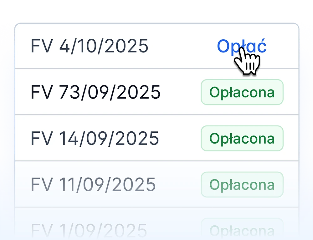 Lista faktur z numerami FV i statusami Opłacona oraz przyciskiem Opłać