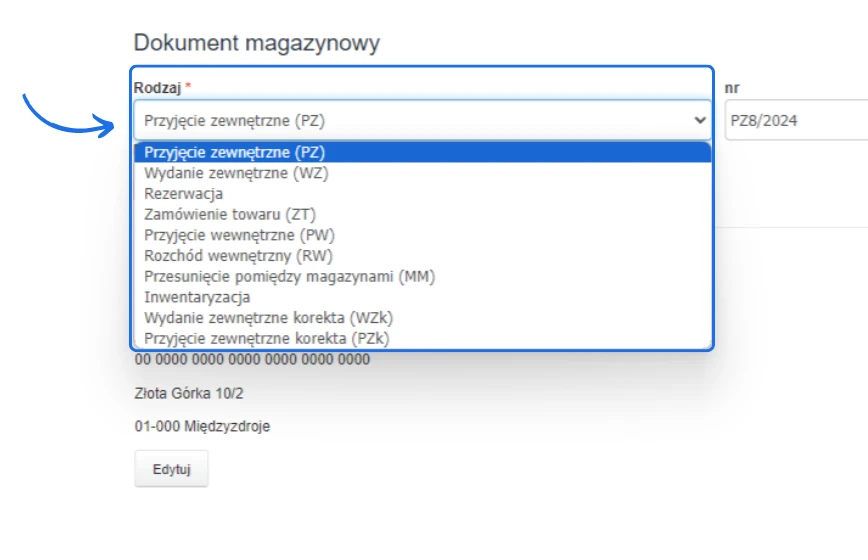 Rozwinięta lista rodzajów dokumentu magazynowego w Fakturowni – PZ, WZ, MM, RW i inne