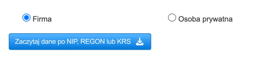 Formularz z przyciskiem Zaczytaj dane po NIP, REGON lub KRS i wyborem Firma lub Osoba prywatna