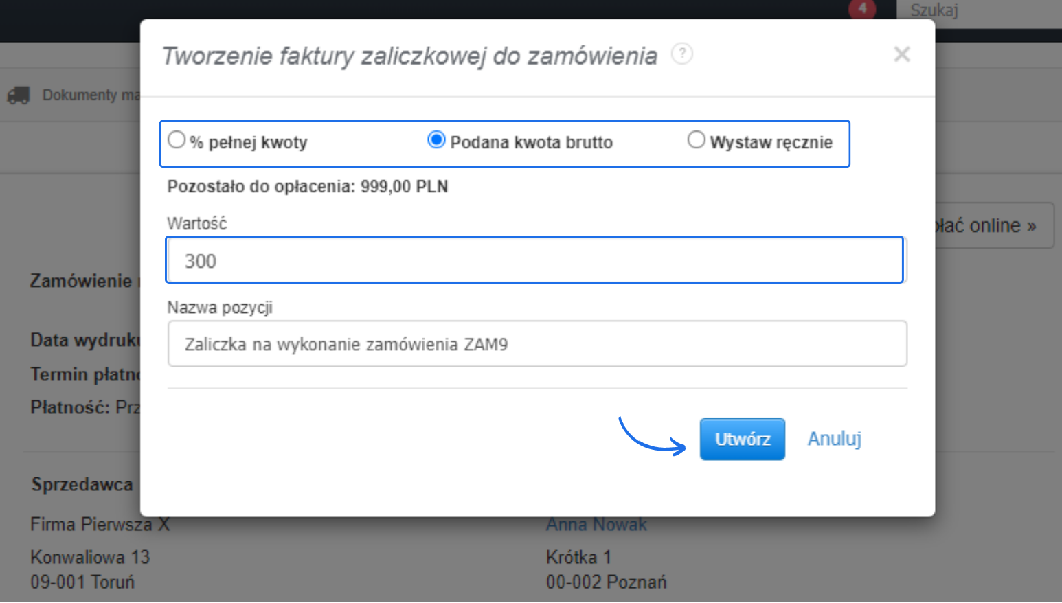 Okno tworzenia faktury zaliczkowej do zamówienia z wyborem kwoty brutto i przyciskiem Utwórz