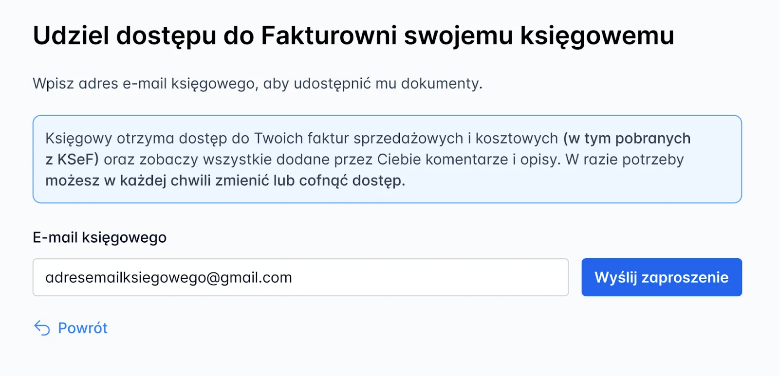Formularz z polem e-mail księgowego i przyciskiem Wyślij zaproszenie