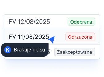 Panel z listą faktur i statusami Odebrana, Odrzucona, Zaakceptowana