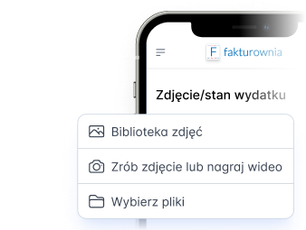 Ekran z logo Fakturownia i menu wyboru zdjęcia lub pliku wydatku