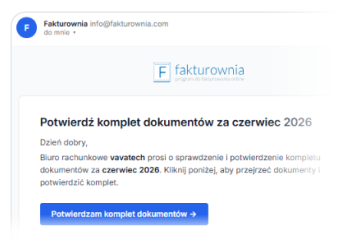 E-mail z logo Fakturownia z prośbą o potwierdzenie kompletu dokumentów