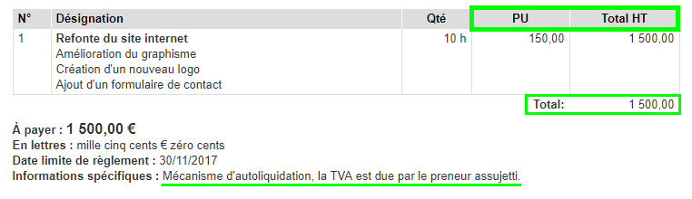 Facturation Facture Autoliquidation Prix HT TVA
