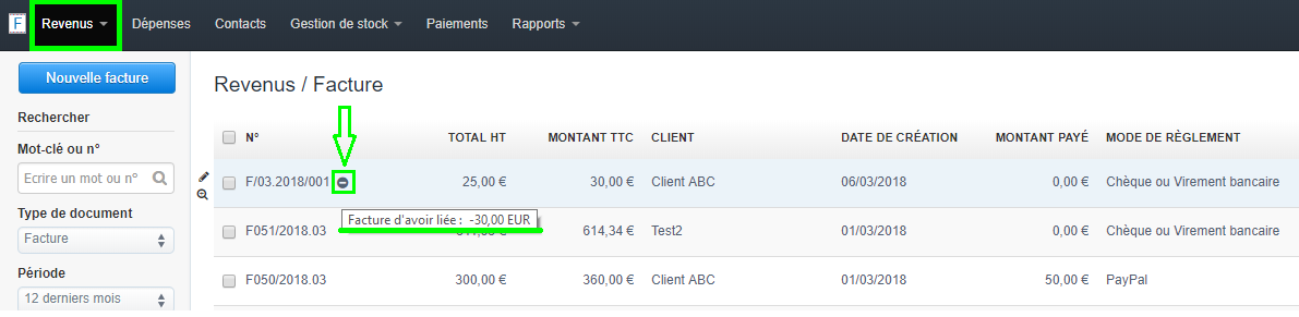 Facturation Facture Avoir Note de Crédit Recherche Remboursement