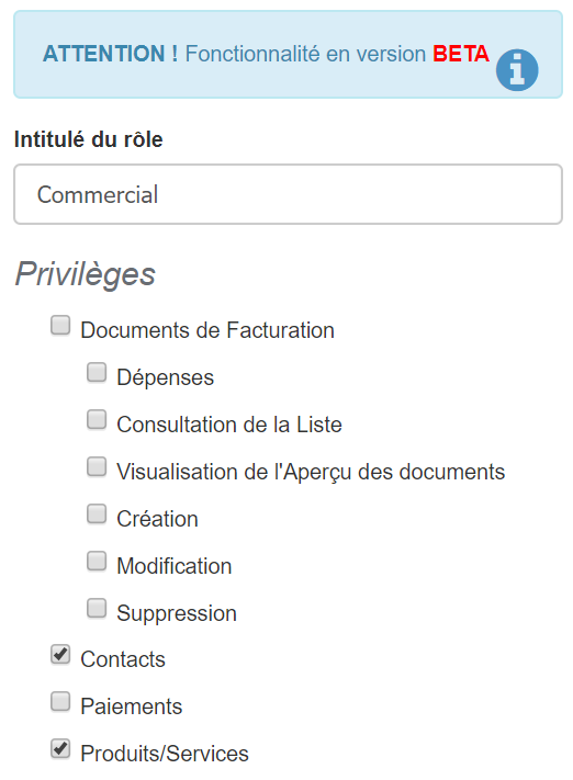 Facturation Utilisateur Accès Connexion Rôle Commercial Comptable