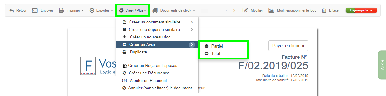 Facturation Facture Avoir Note de Crédit Remboursement Total