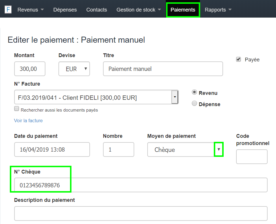 Facturation Facture Règlement Paiement Chèque Numéro