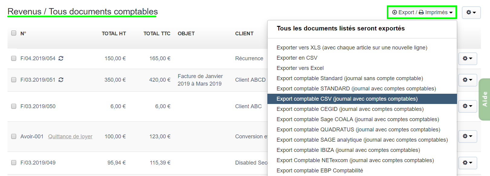 Facturation Document Comptable Export CSV Exercice