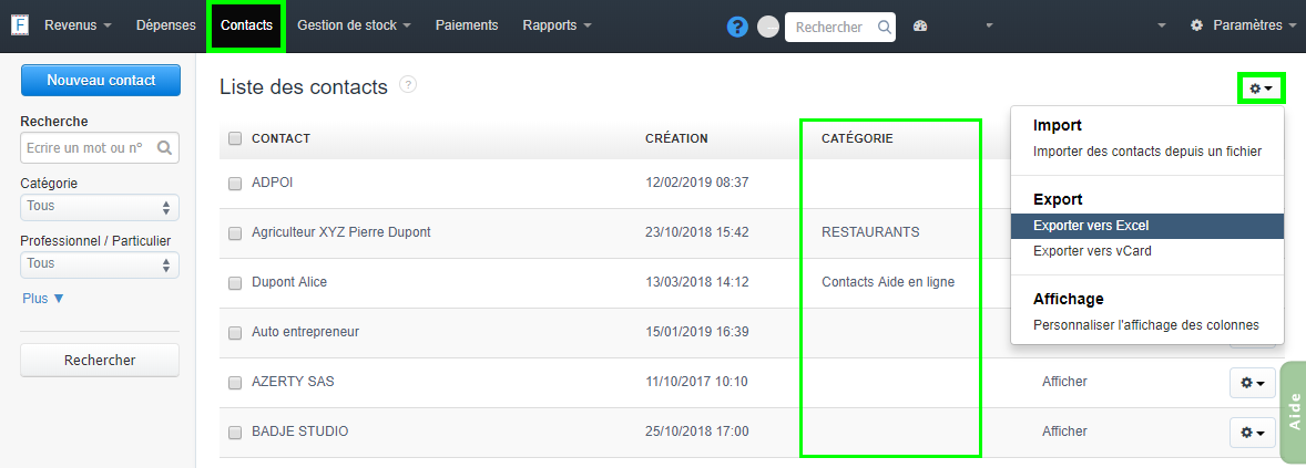 Facturation Contact Client Fournisseur Catégorie Classement 