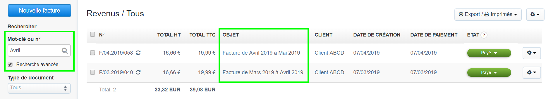 Facturation Facture Objet Titre Document