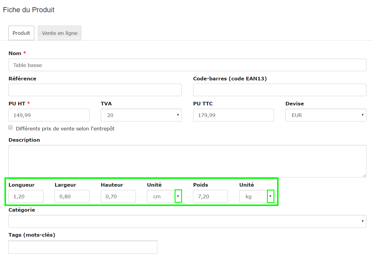 Facturation Produit Article Dimension Poids Vente