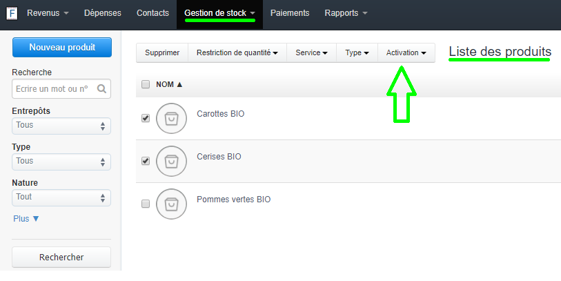 Facturation Produit Article Service Marchandise Actif Inactif Vente Achat