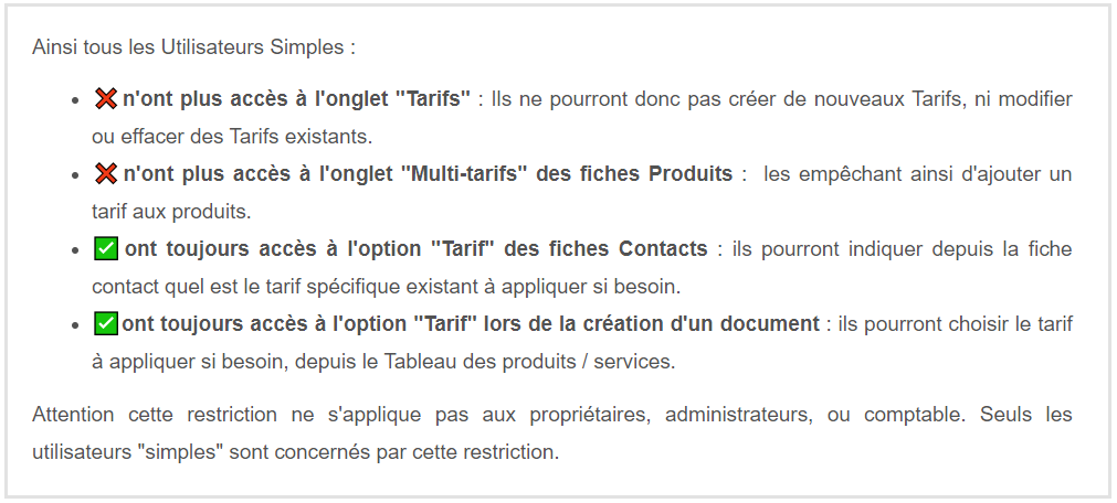 Sécurité Accès Utilisateurs Restrictions Tarifs VosFactures