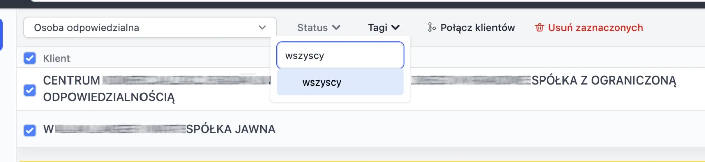 Nadanie tagu wszyscy zaznaczonym klientom