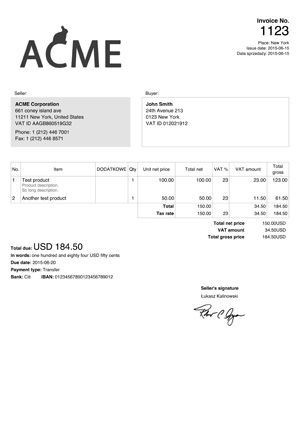 invoice template screen
