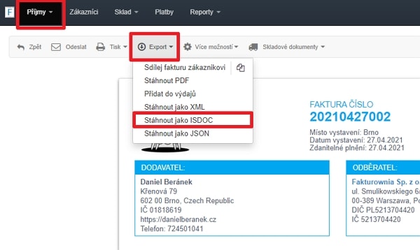 Export jedné faktury do ISDOC