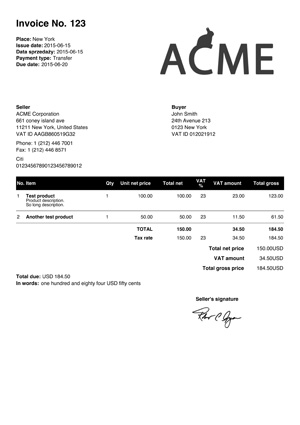 invoice template screen
