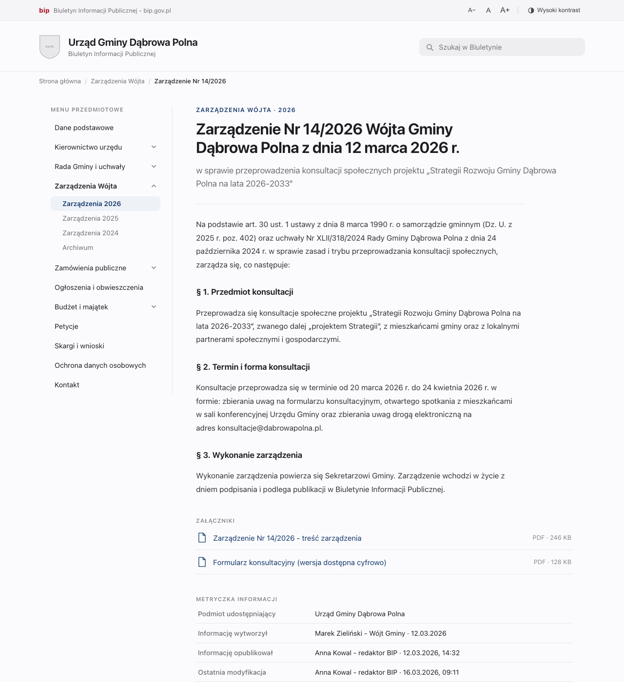 Podgląd nowego szablonu BIP na przykładzie Urzędu Gminy Dąbrowa Polna - menu przedmiotowe, treść zarządzenia, załączniki i metryczka informacji