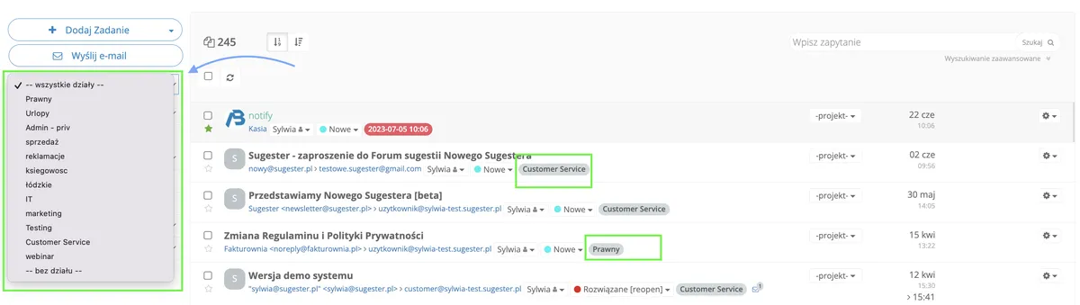 Sekcja email na karcie klienta