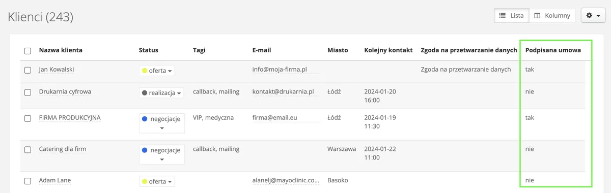 Kolumna z polem wyboru na liście klientów
