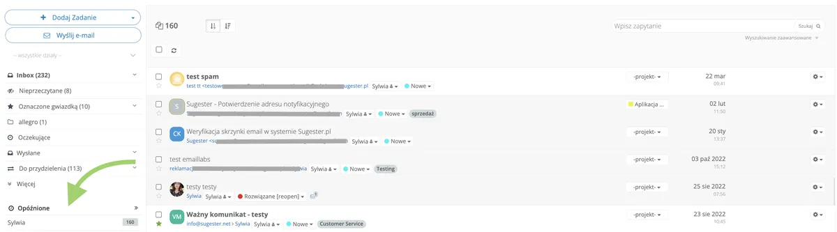 Pole do wyszukiwania maili po statusie w inboxie