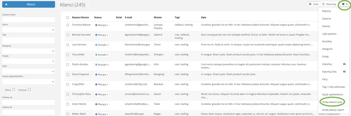 Lista importów z kolumną błędów