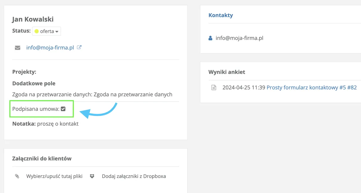 pole wyboru na karcie klienta