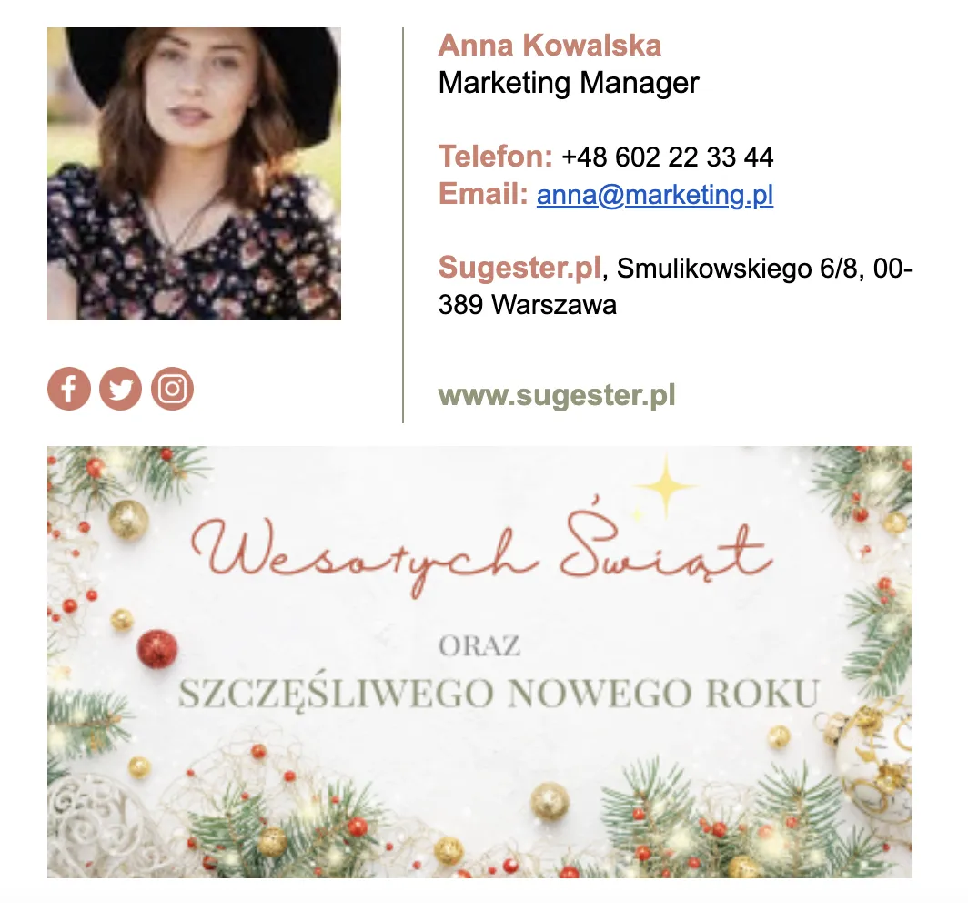 stopka email świąteczna z czerwoną i zieloną czcionką i świątecznym banerem