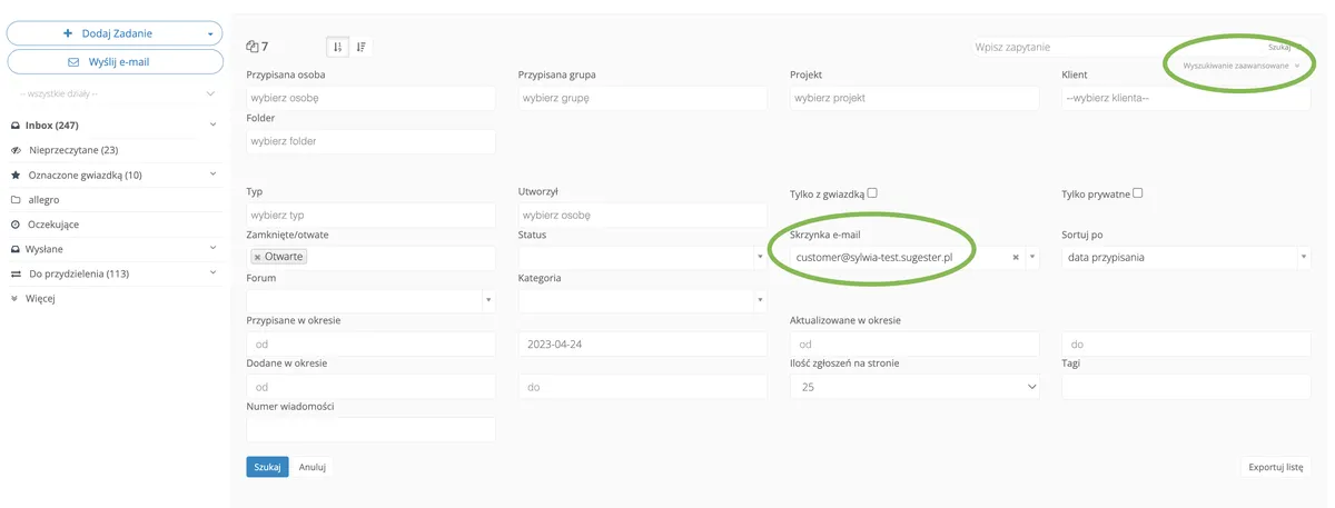 Funkcja aktywowania automatycznych akcji na folderach w inboxie