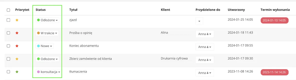 Statusy zadań na liście