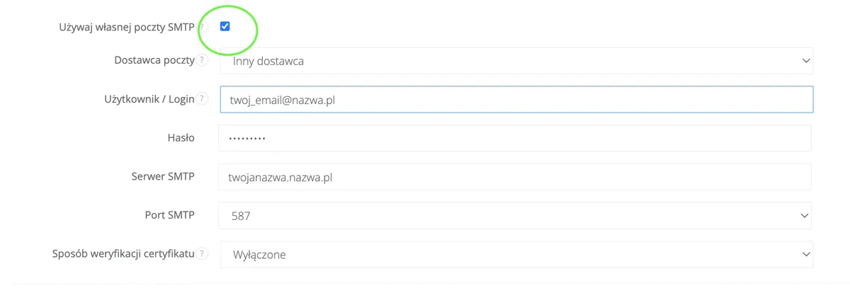 Ustawienia własnego smtp sugester