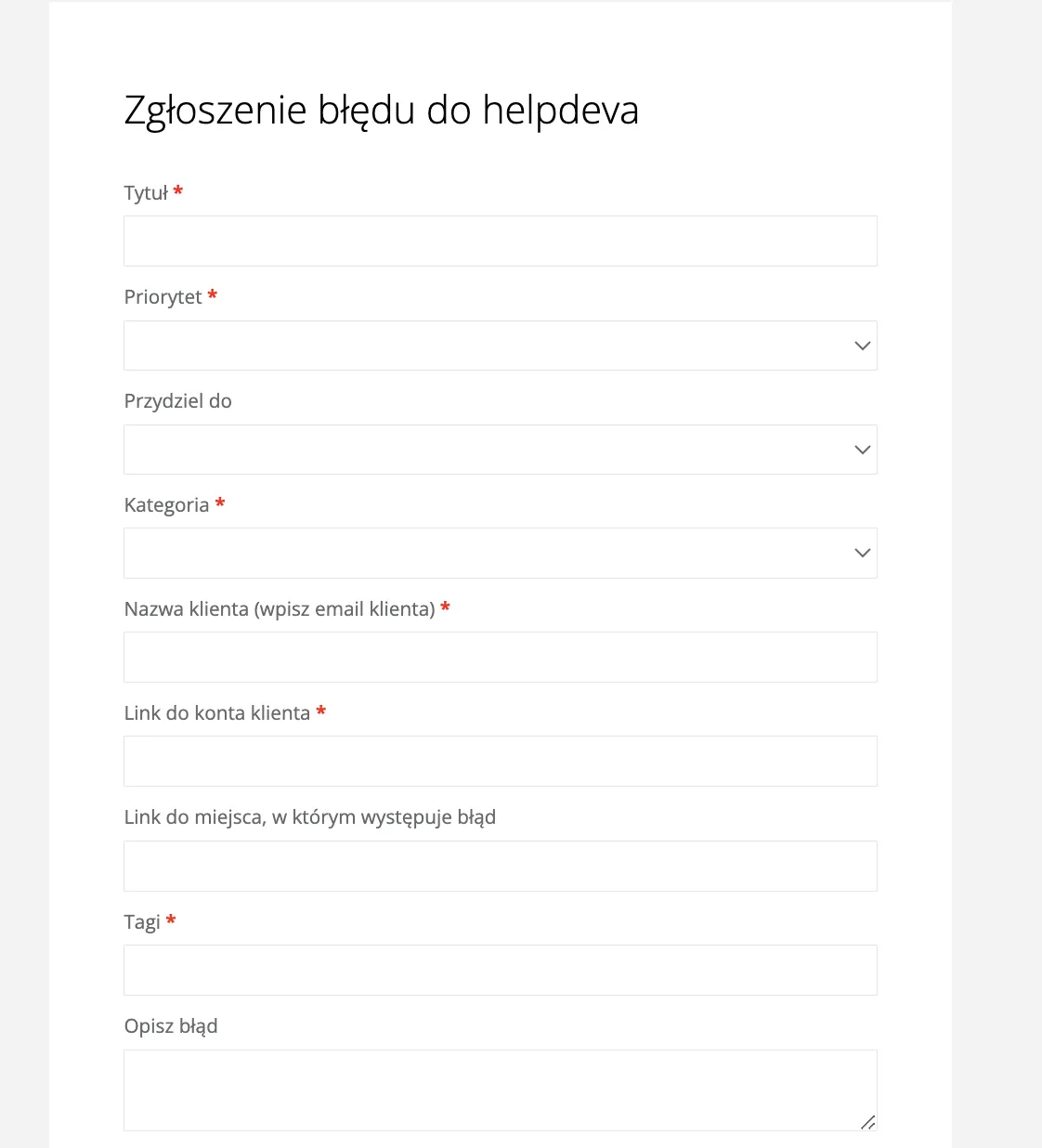 wewnętrzna formatka do zgłaszania błędu