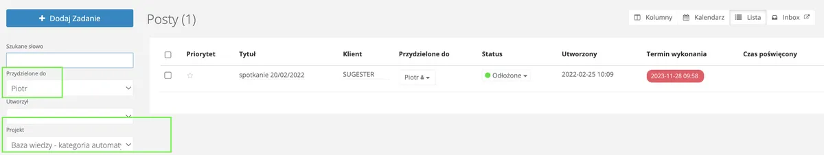 zadania w projekcie