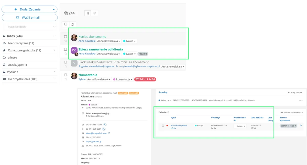 zadania w sugesterze - inbox i karta klienta