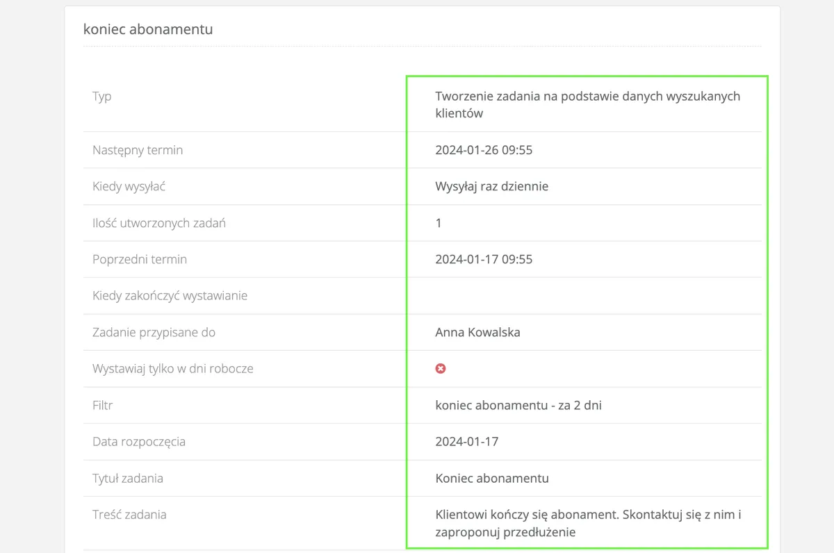 Zadanie cykliczne na podstawie filtru w klientach