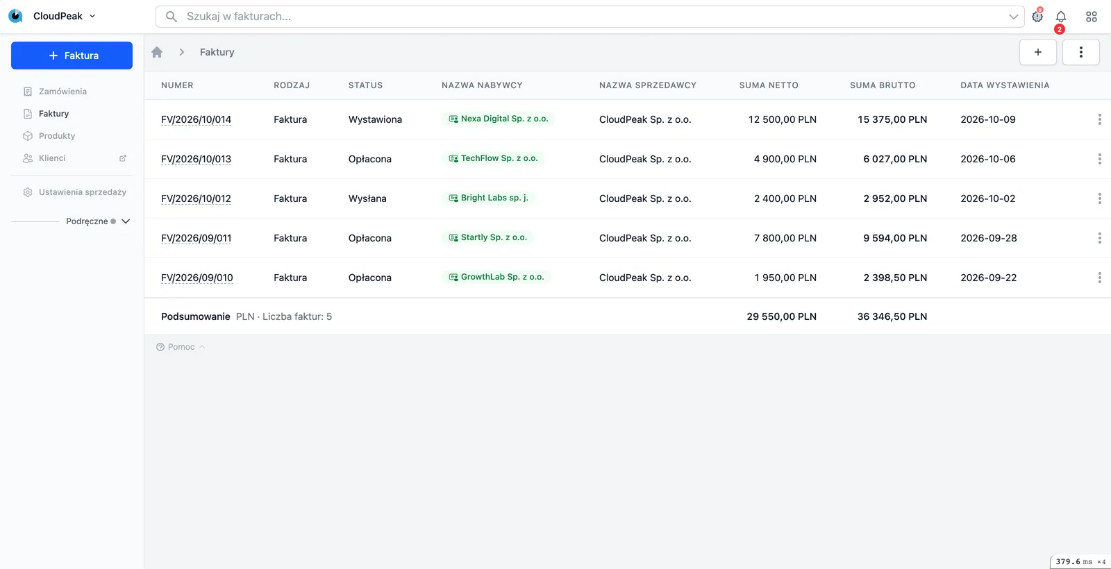 Sugester - invoice list