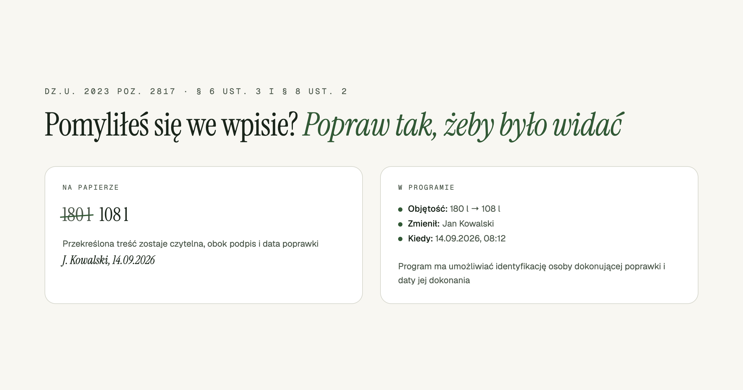 Poprawka wpisu w dokumentacji winiarskiej: przekreślenie, podpis, data