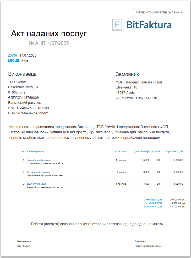 Акт наданих послуг BitFaktura — зразок