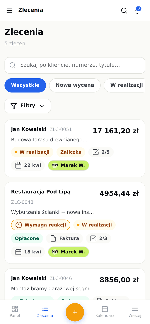 Lista zleceń InTool